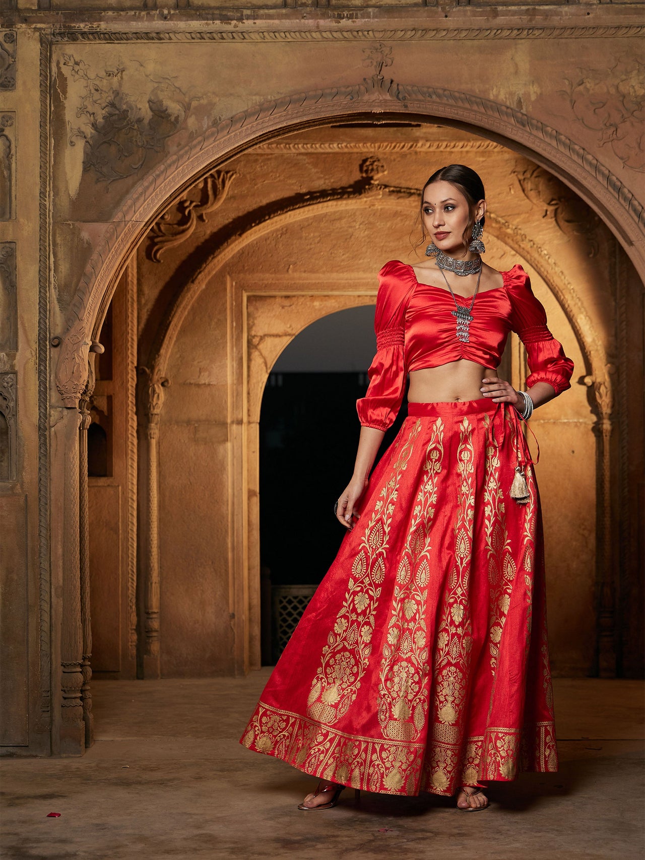 Lyush Women Orange Foil Print Anarkali Skirt - Distacart