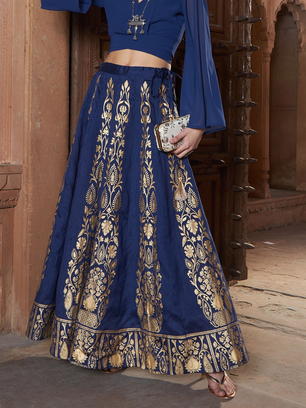Lyush Women Navy Floral Foil Print Anarkali Skirt - Distacart