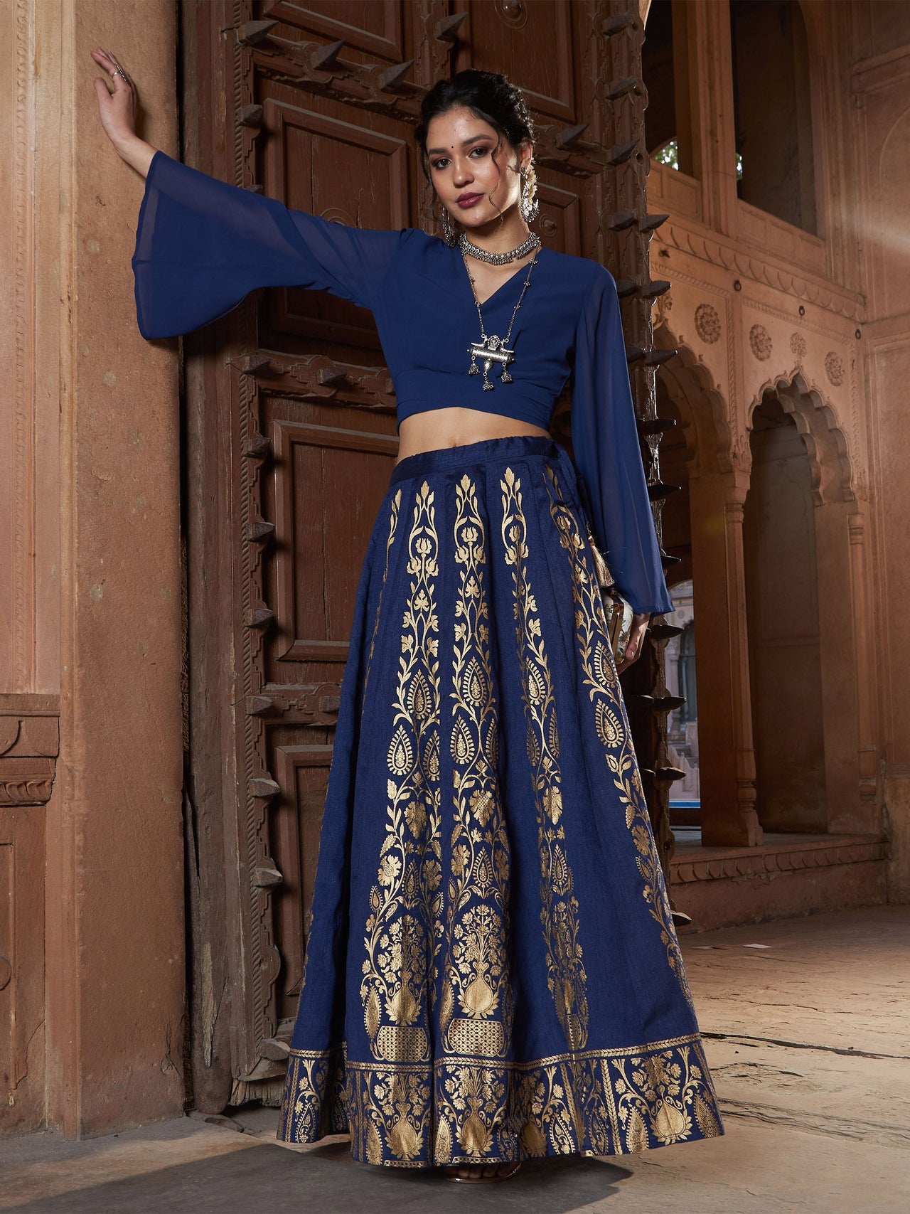 Lyush Women Navy Floral Foil Print Anarkali Skirt - Distacart
