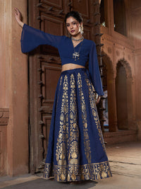 Thumbnail for Lyush Women Navy Floral Foil Print Anarkali Skirt - Distacart