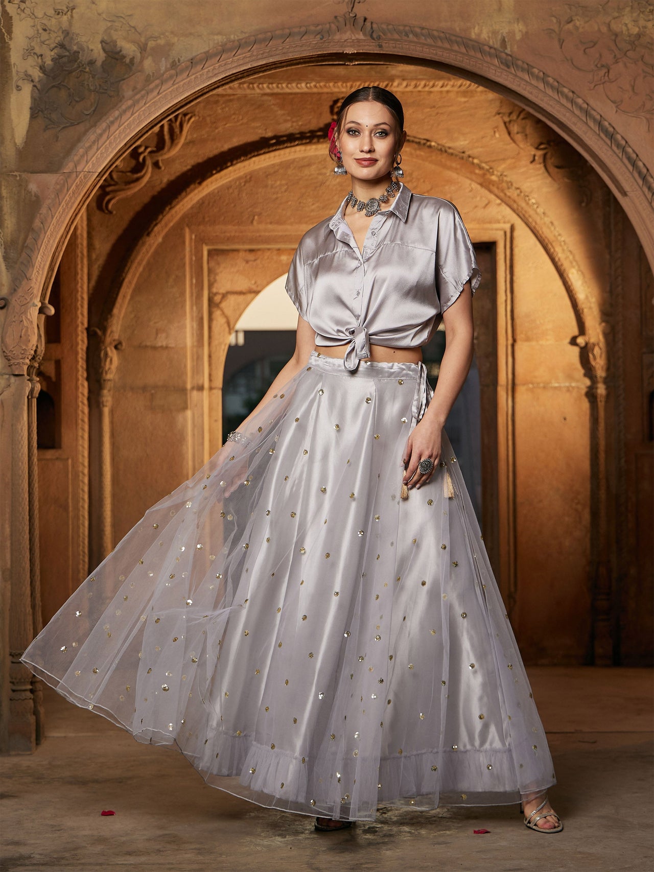 Lyush Women Grey Tulle Sequin Anarkali Skirt - Distacart