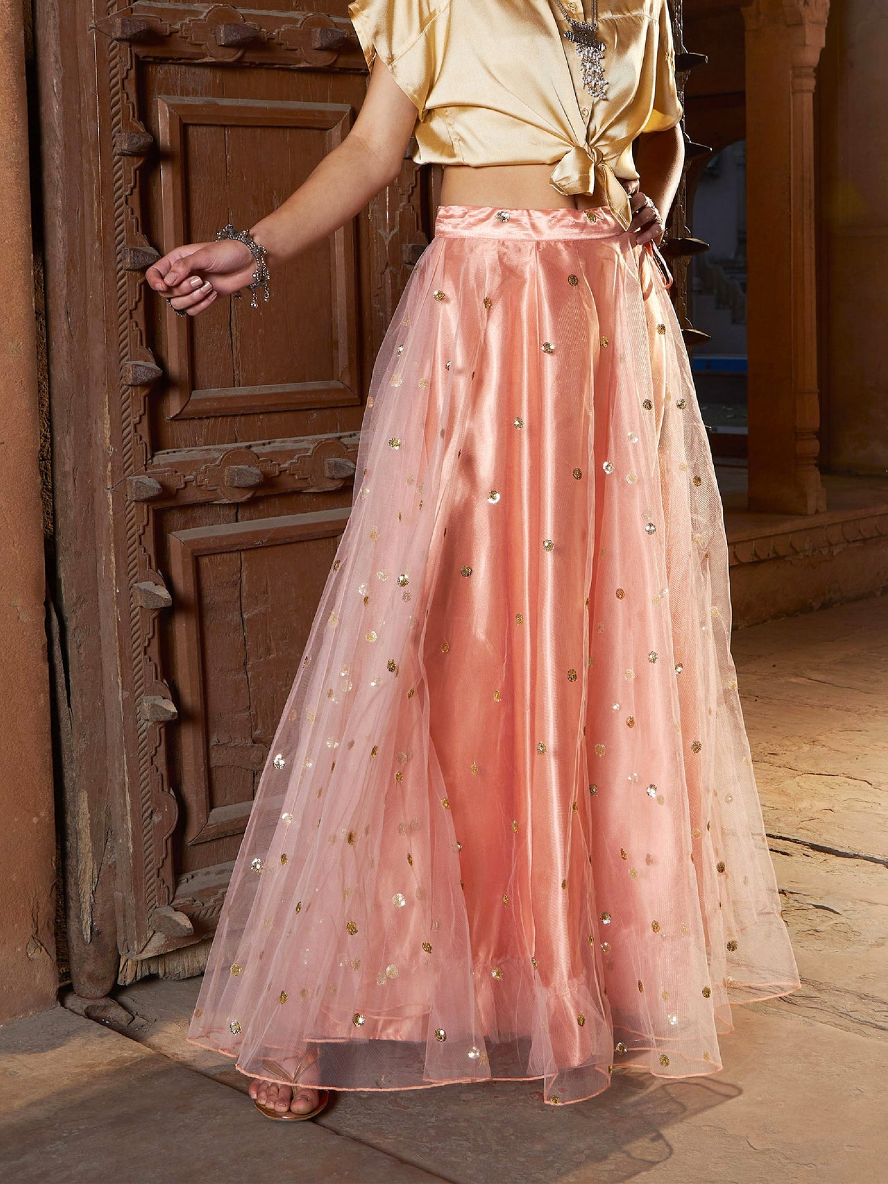 Lyush Women Peach Tulle Sequin Anarkali Skirt - Distacart