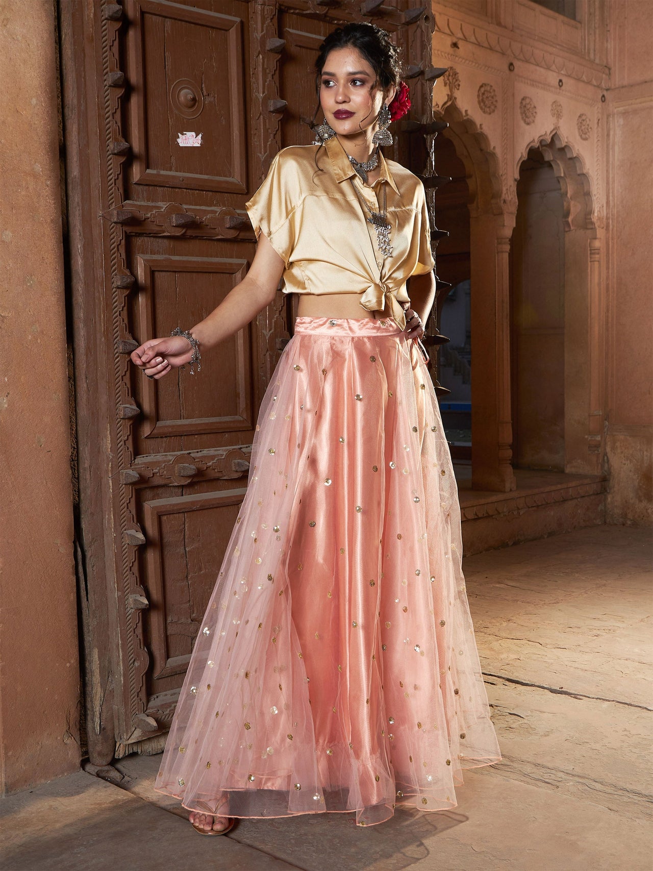 Lyush Women Peach Tulle Sequin Anarkali Skirt - Distacart