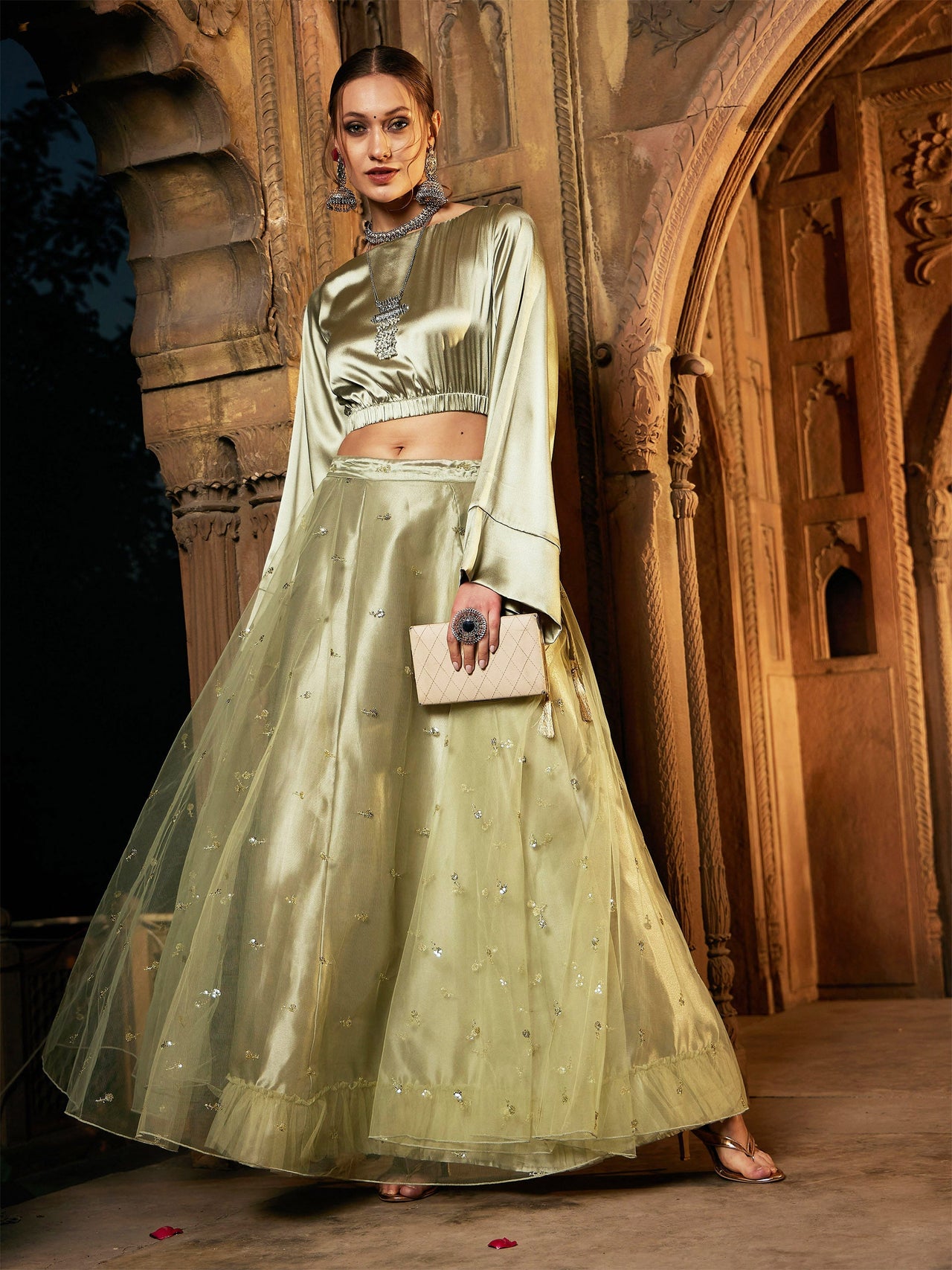 Lyush Women Olive Tulle Sequin Anarkali Skirt - Distacart