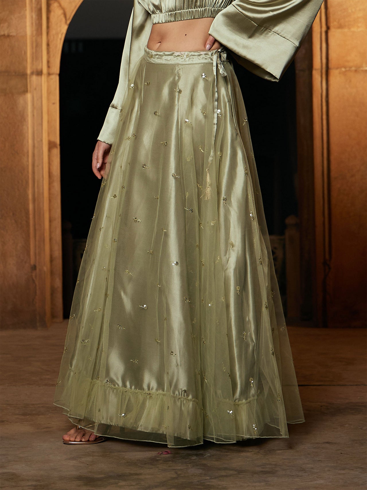 Lyush Women Olive Tulle Sequin Anarkali Skirt - Distacart