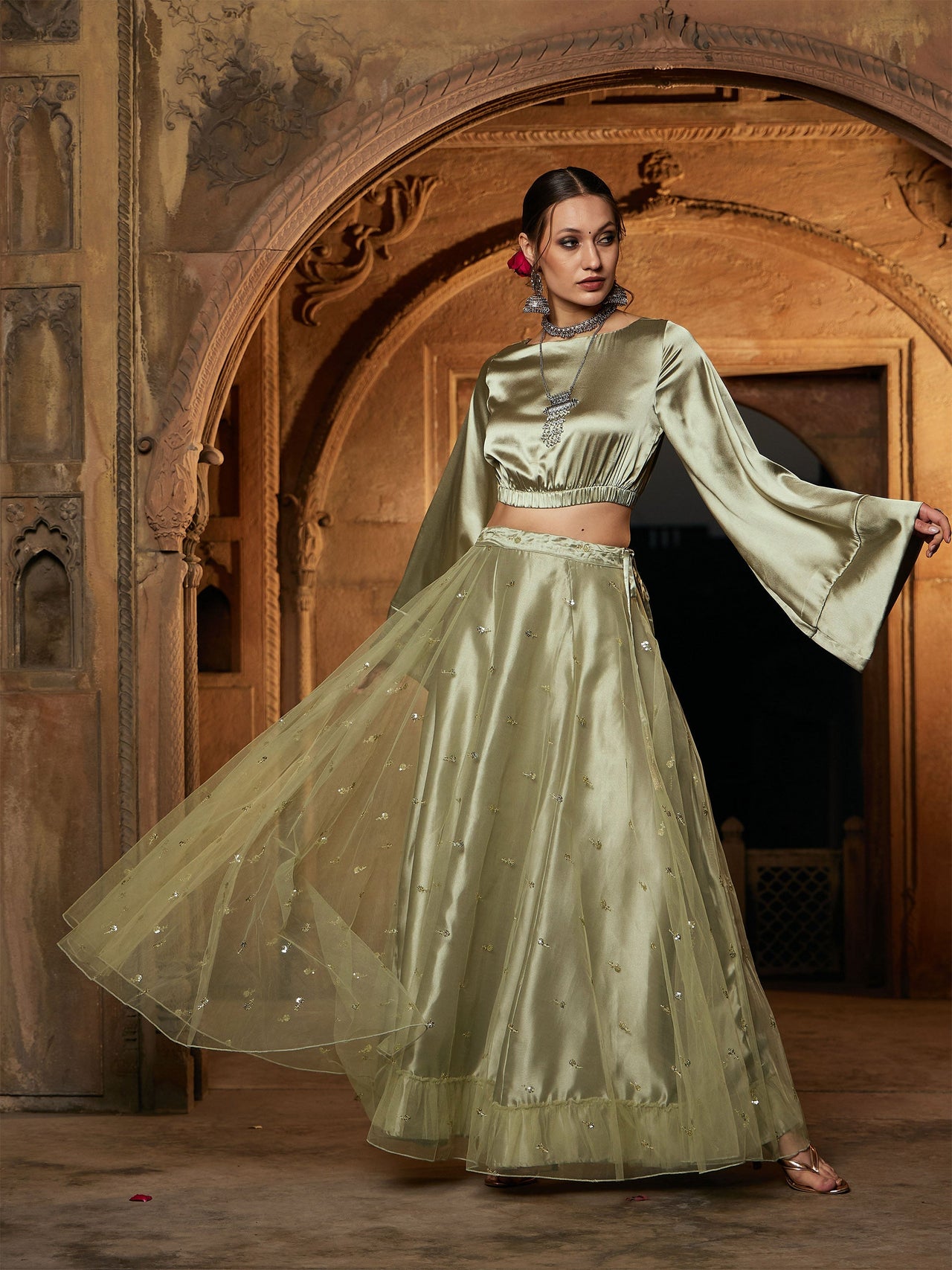 Lyush Women Olive Tulle Sequin Anarkali Skirt - Distacart