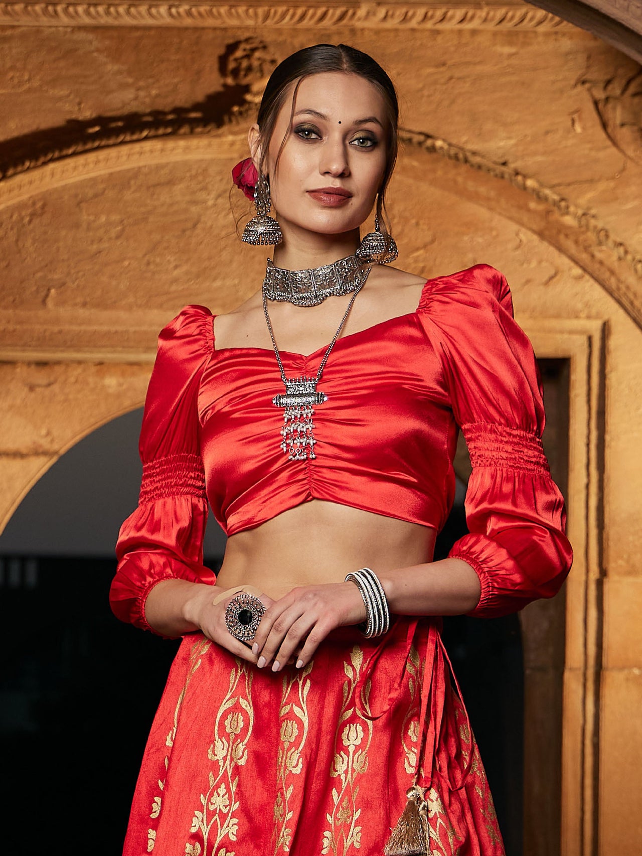 Lyush Women Orange Satin Puff Sleeves Crop Top - Distacart
