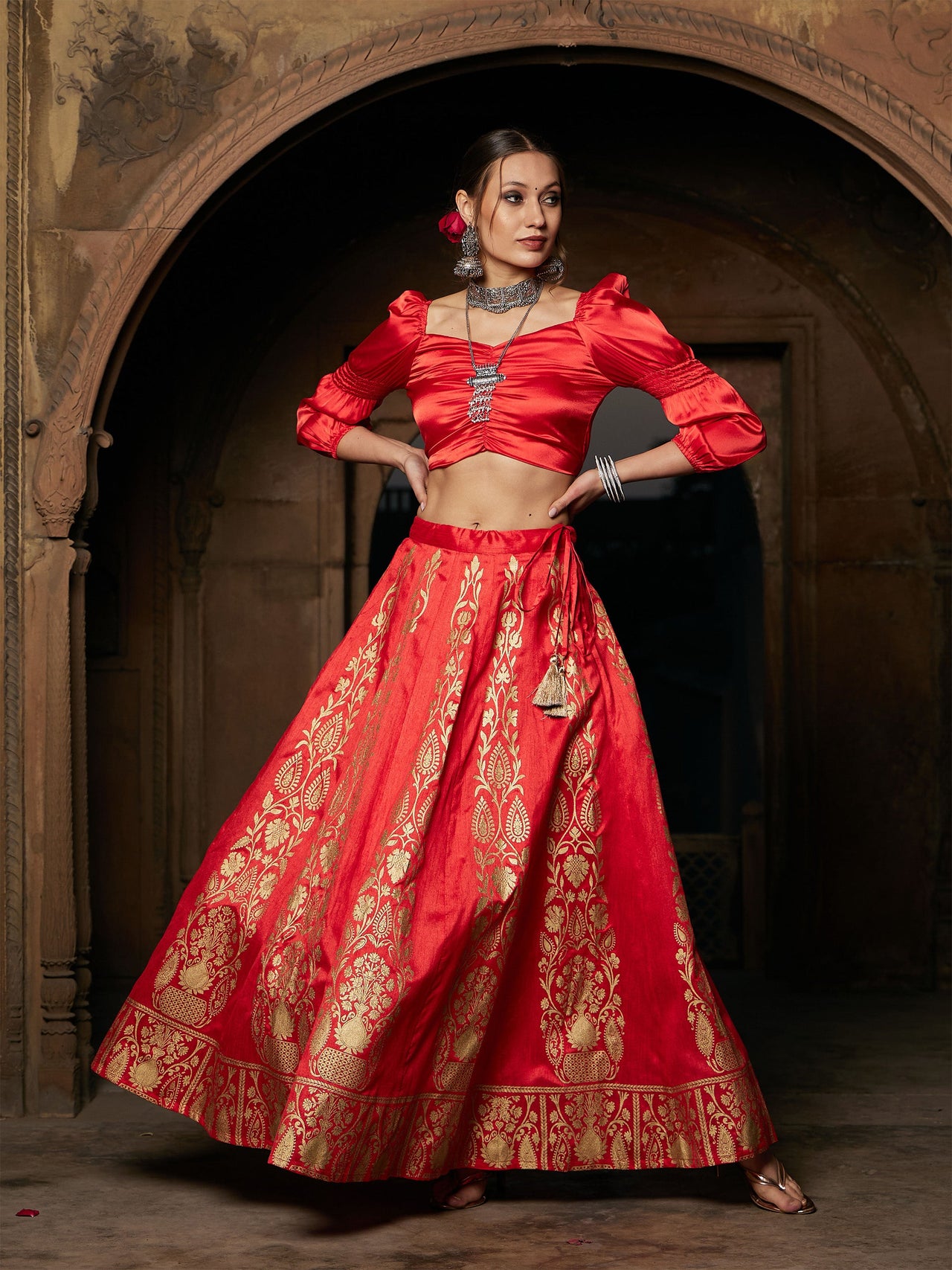Lyush Women Orange Satin Puff Sleeves Crop Top - Distacart