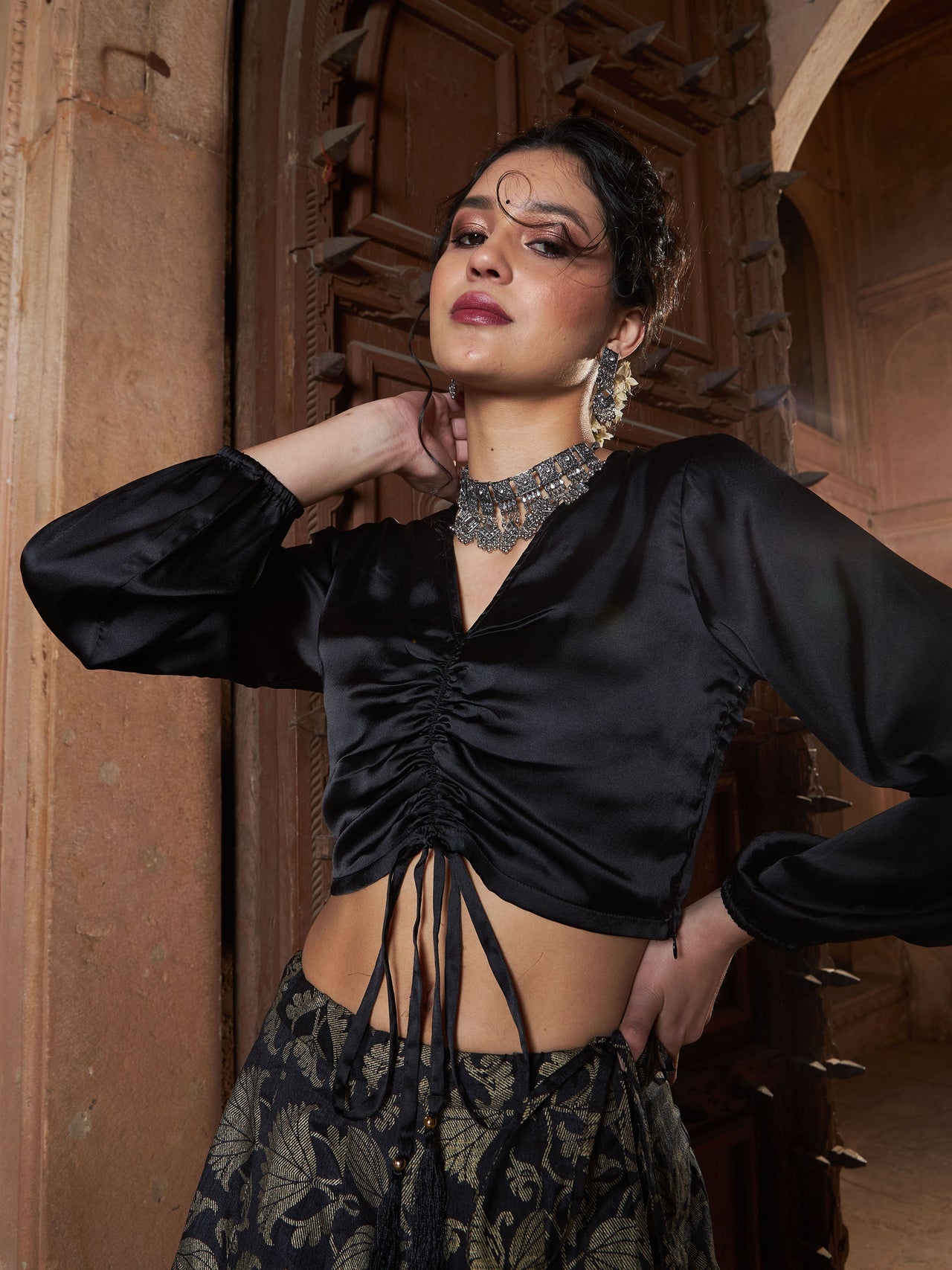 Lyush Women Black Satin Ruched Crop Top - Distacart