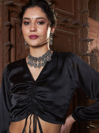 Thumbnail for Lyush Women Black Satin Ruched Crop Top - Distacart