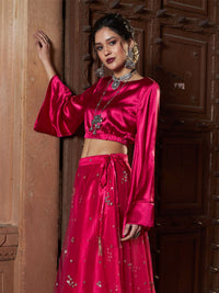 Thumbnail for Lyush Women Fuchsia Satin Flared Sleeves Crop Top - Distacart