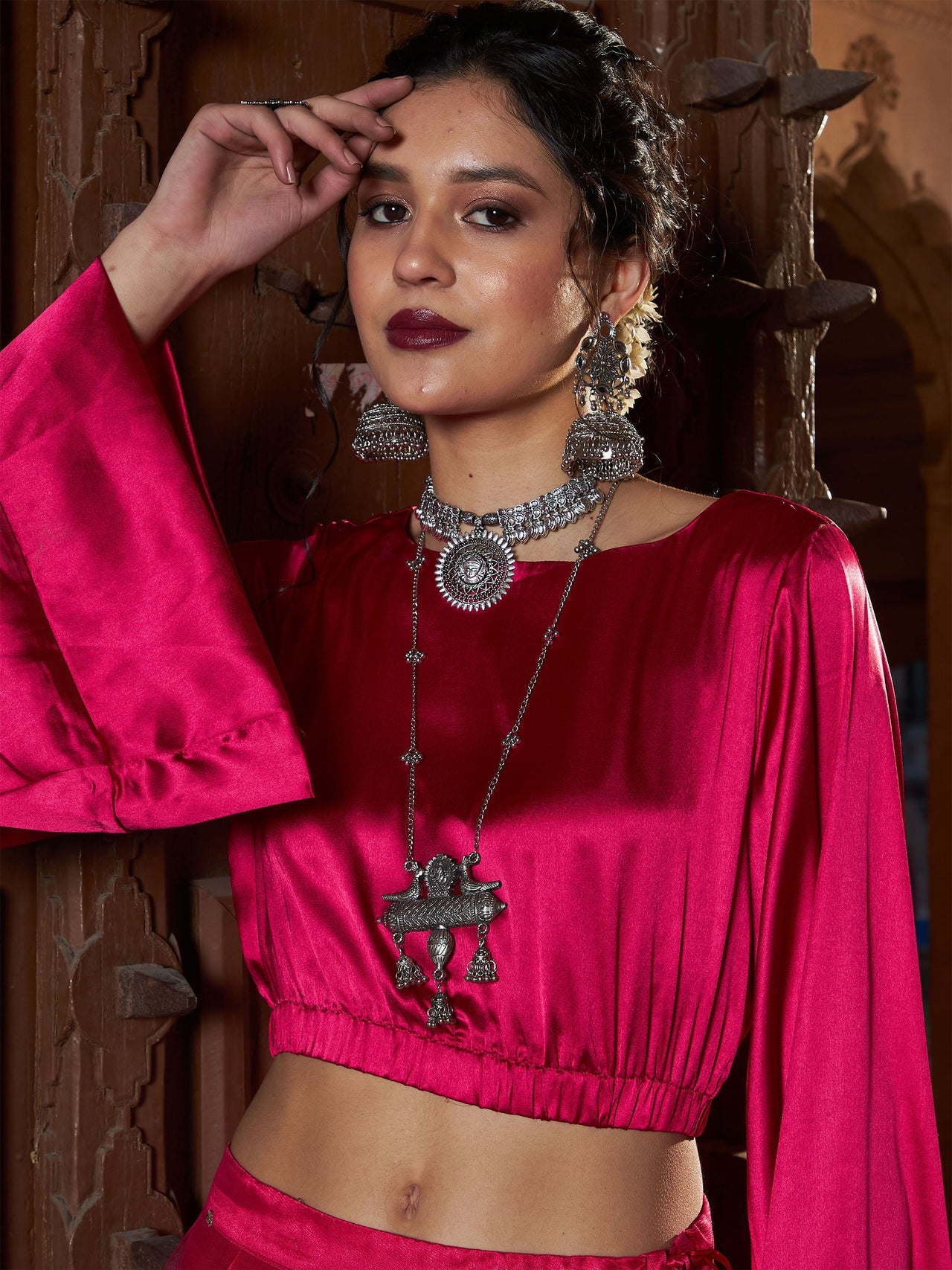 Lyush Women Fuchsia Satin Flared Sleeves Crop Top - Distacart