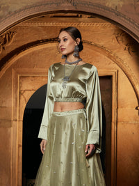 Thumbnail for Lyush Women Olive Satin Flared Sleeves Crop Top - Distacart