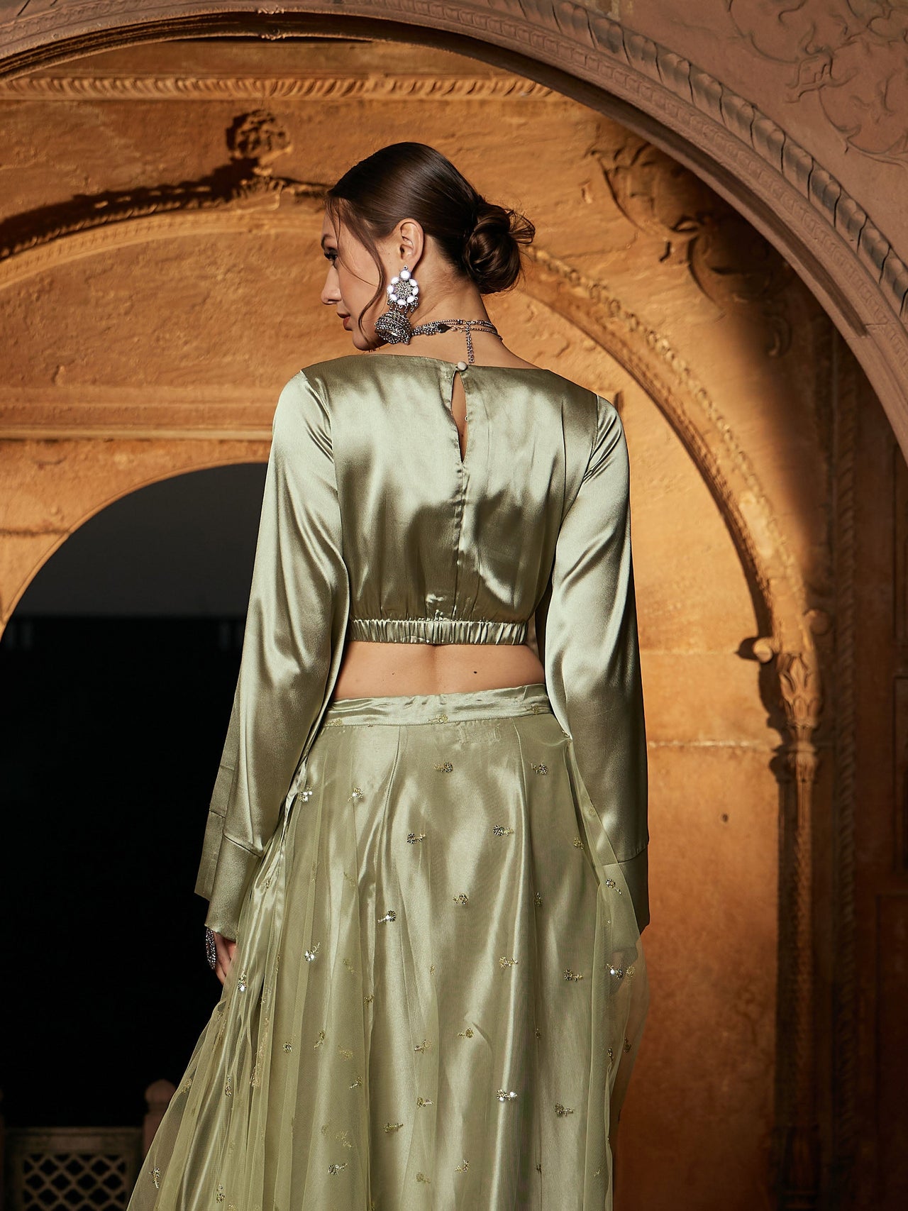 Lyush Women Olive Satin Flared Sleeves Crop Top - Distacart