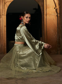 Thumbnail for Lyush Women Olive Satin Flared Sleeves Crop Top - Distacart