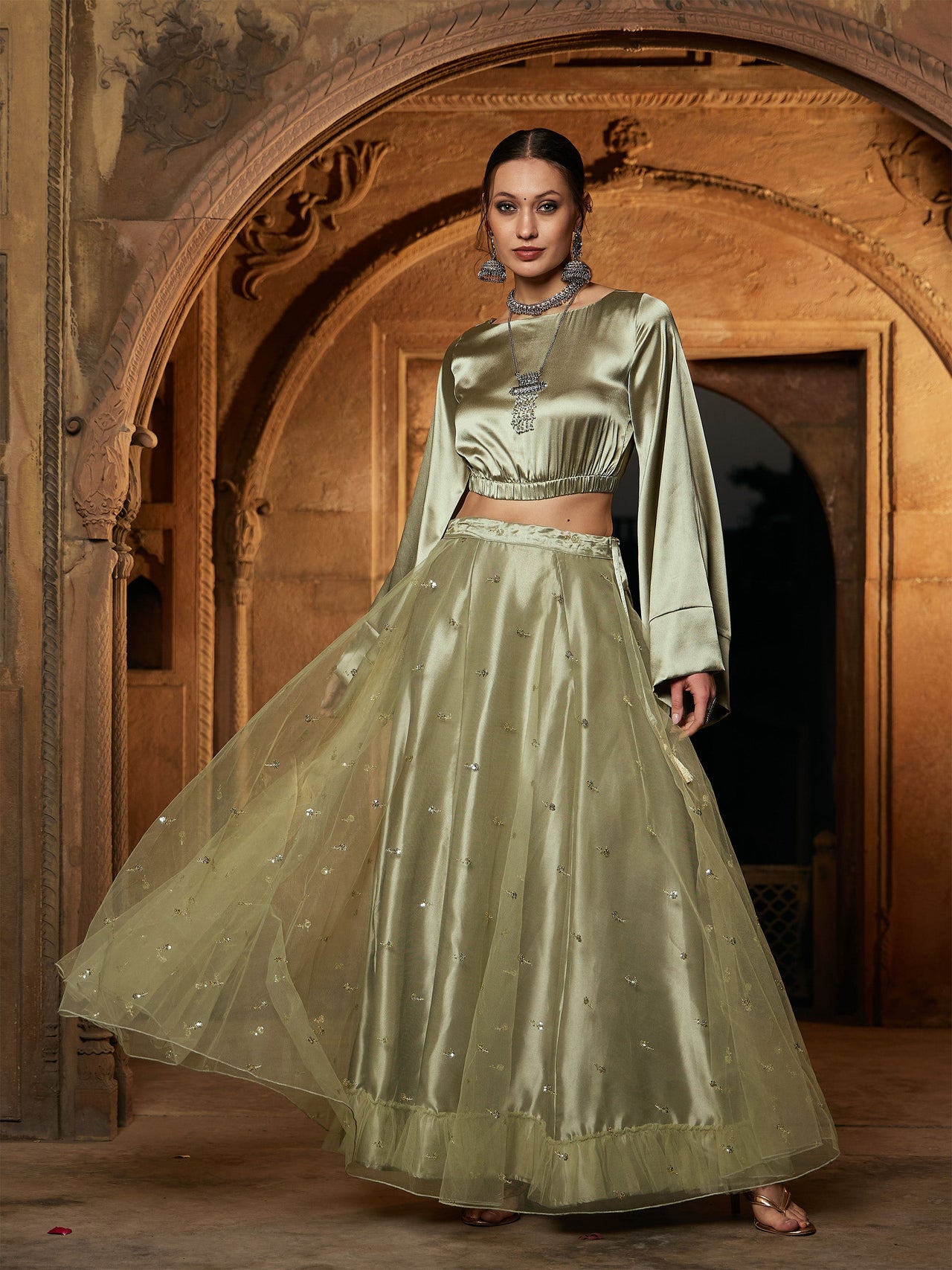 Lyush Women Olive Satin Flared Sleeves Crop Top - Distacart