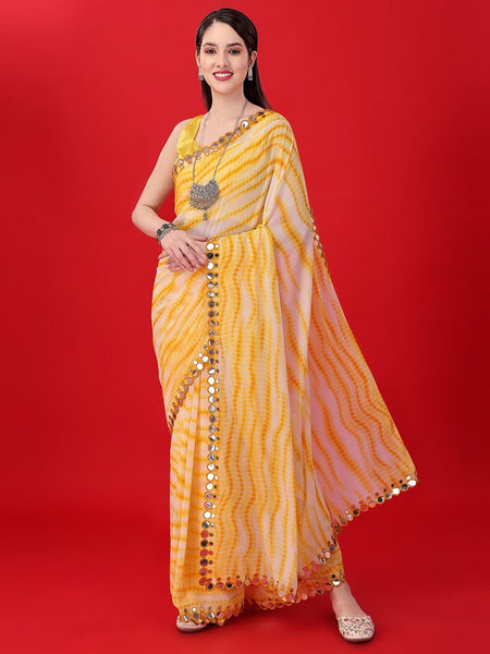 Malishka Women's Yellow Shibori Printed Lace Boarder Georgette Saree With Unstitched Blouse - Distacart
