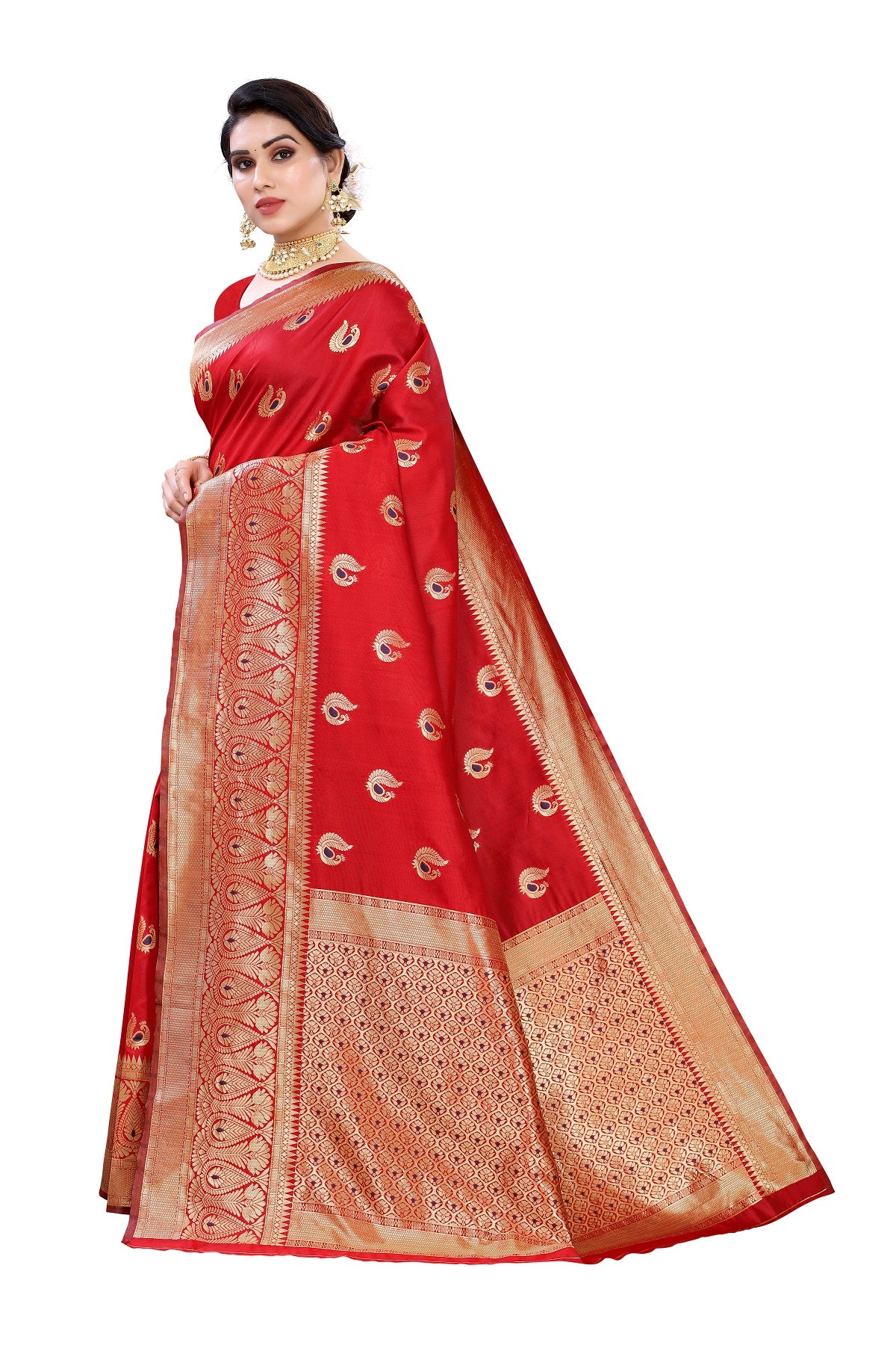 Vamika Red Weaving Banarasi Jacquard Saree - Distacart