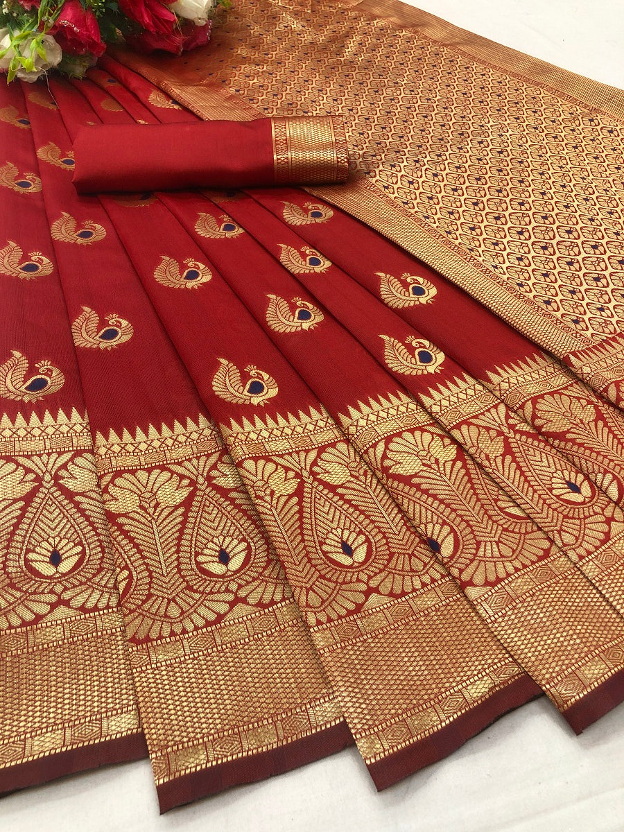 Vamika Red Weaving Banarasi Jacquard Saree - Distacart