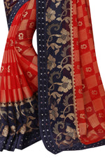 Thumbnail for Vamika Red & Blue Designer Chiffon Brasso Saree With Mirror Work Lace - Distacart