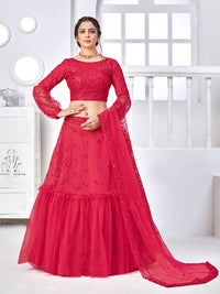 Thumbnail for Myra Rani Pink Net Embroidered Designer Lehenga - Distacart