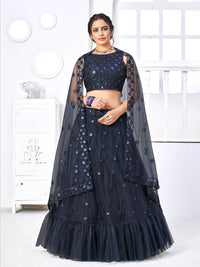 Thumbnail for Myra Navy Blue Net Embroidered Designer Lehenga - Distacart