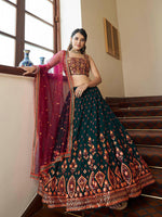 Thumbnail for Myra Green and Deep Pink Georgette Embroidered Party Wear Lehenga - Distacart