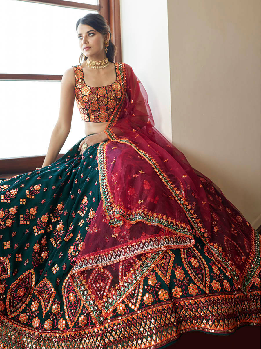 Myra Green and Deep Pink Georgette Embroidered Party Wear Lehenga - Distacart