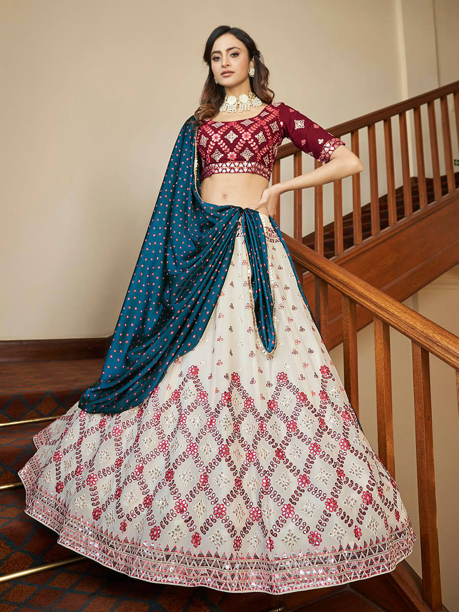 Myra Maroon and Beige Georgette Embroidered Party Wear Lehenga - Distacart