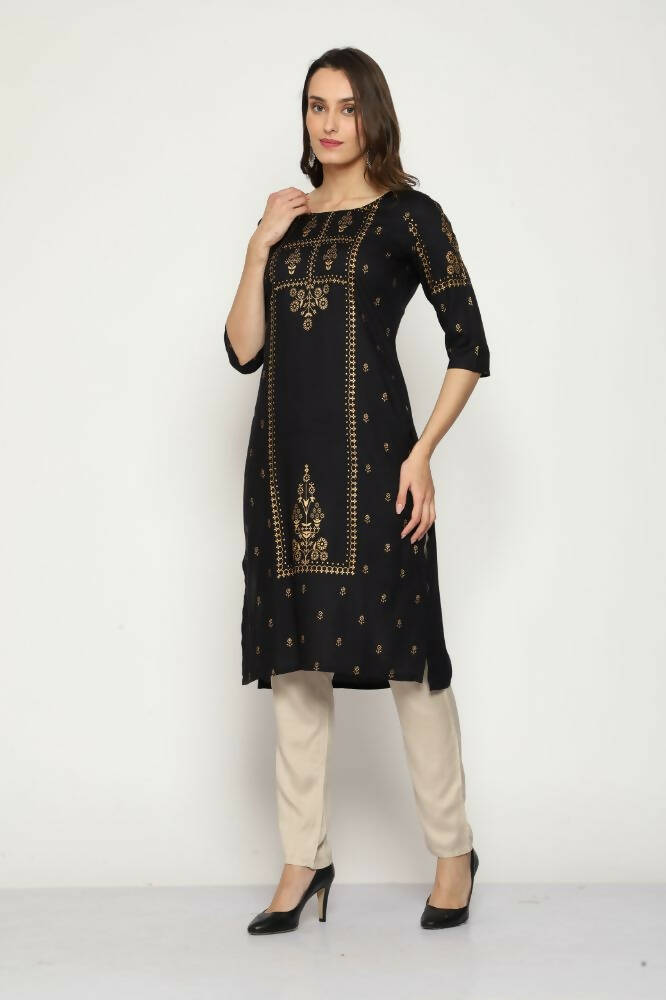 Maai Rayon Hand Printed Kurta Black - Distacart