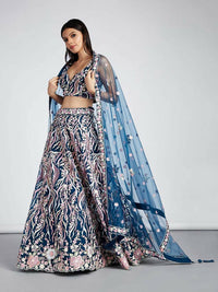 Thumbnail for House of Panchhi Navy Blue Net Sequins And Thread Embroidery Lehenga Choli & Dupatta - Distacart