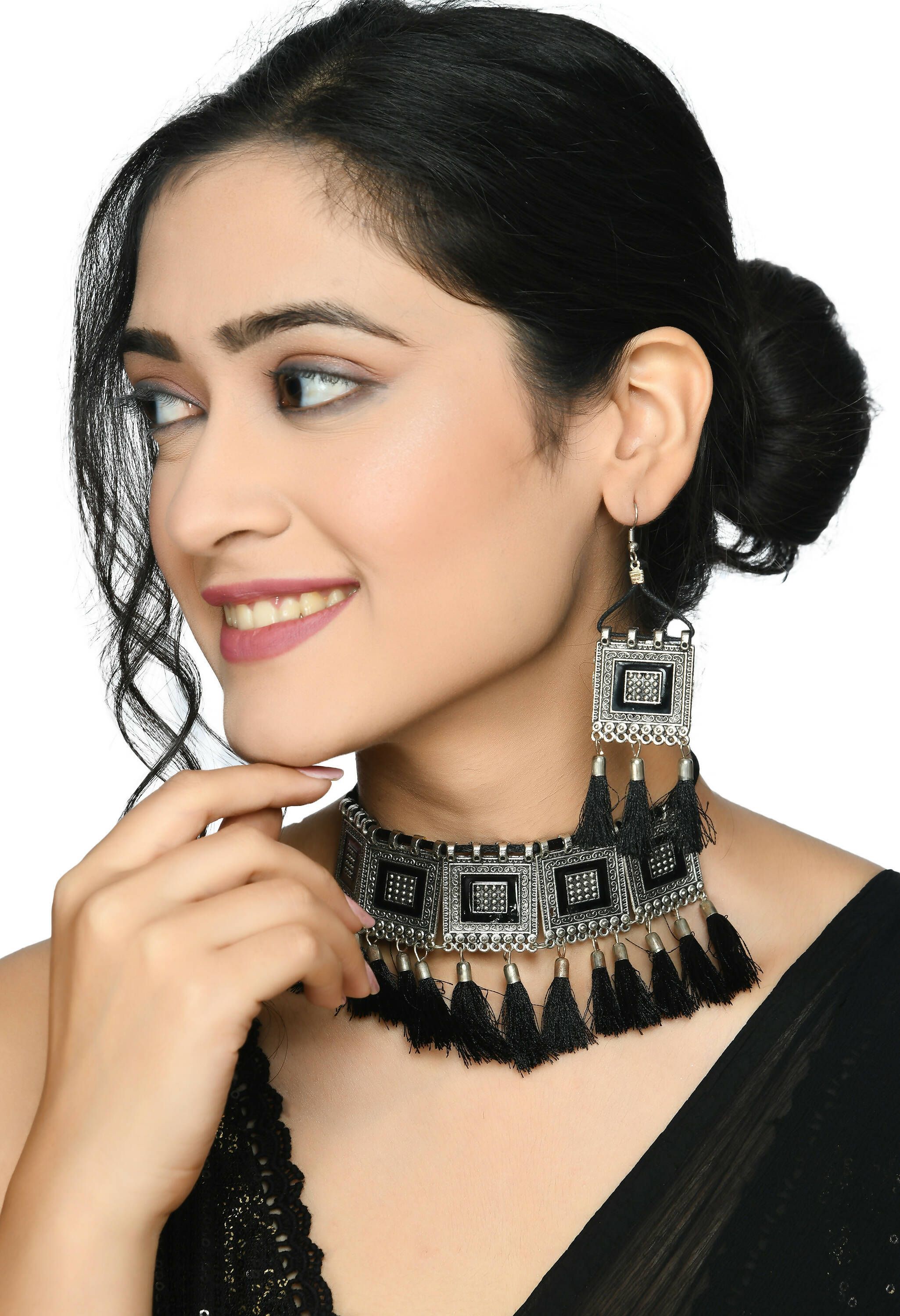 Mominos Fashion Johar Kamal Oxidised Silver-Plated Brass Finish Tassel Work Handicraft Choker For Women (Black) - Distacart