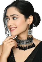 Thumbnail for Mominos Fashion Johar Kamal Oxidised Silver-Plated Brass Finish Tassel Work Handicraft Choker For Women (Black) - Distacart