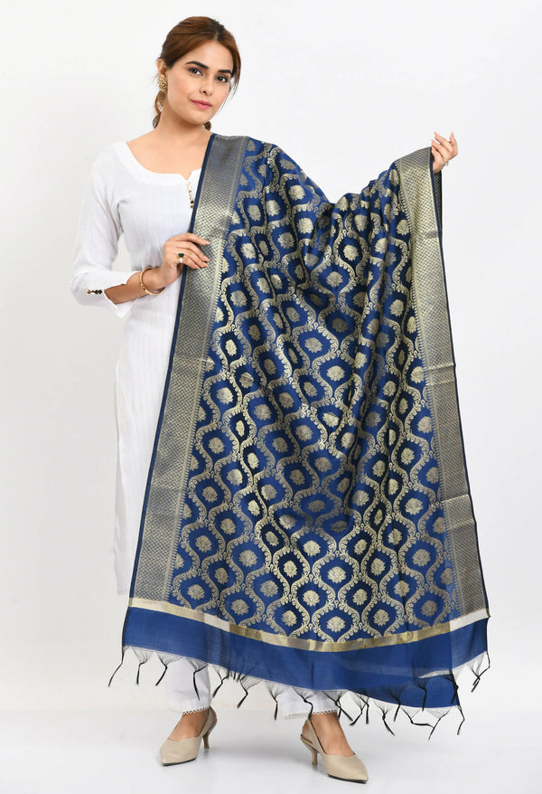 Mominos Fashion Moeza Women's Banarsi Silk All Over Woven Design Navy Blue Dupatta - Distacart
