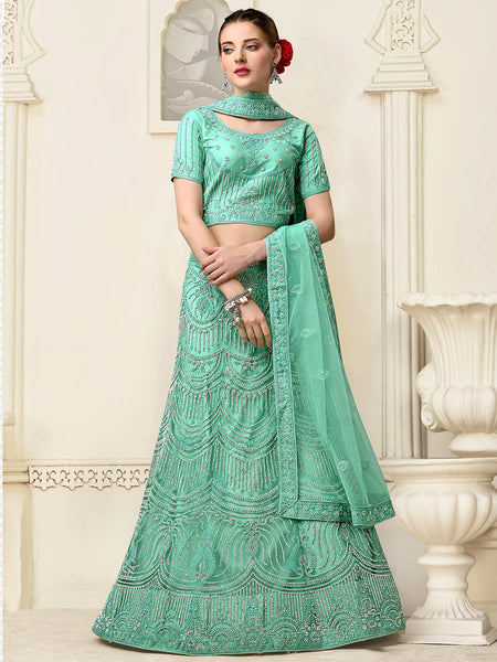 Myra Sea Green Net Heavy Embroidered Lehenga Choli - Distacart