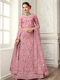 Thumbnail for Myra Dusty Pink Net Heavy Embroidered Lehenga Choli - Distacart