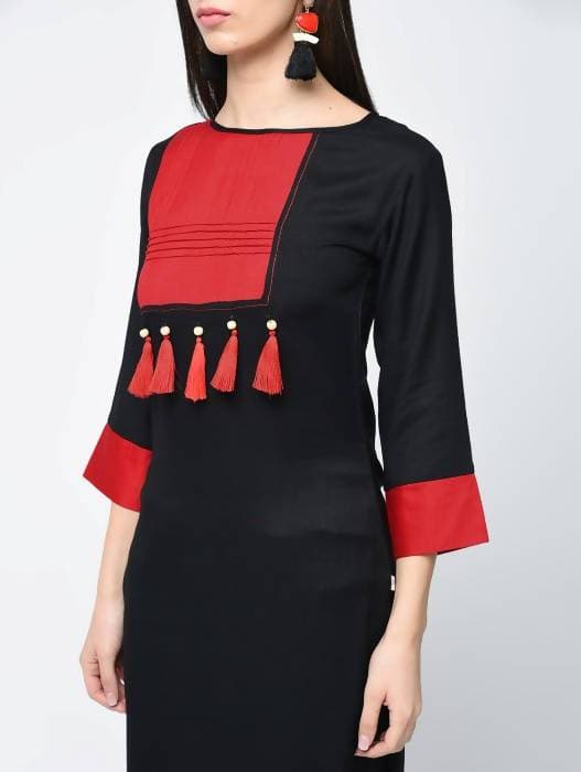 Aniyah Rayon Color Block Black Latest Straight Kurta With Tassels (AN-109K)