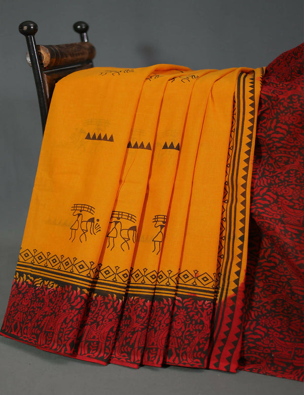 Shades Of Orange And Maroon Red Pure Munga Cotton Block Print Saree By Gayathri Reddy Designer Studio - Distacart