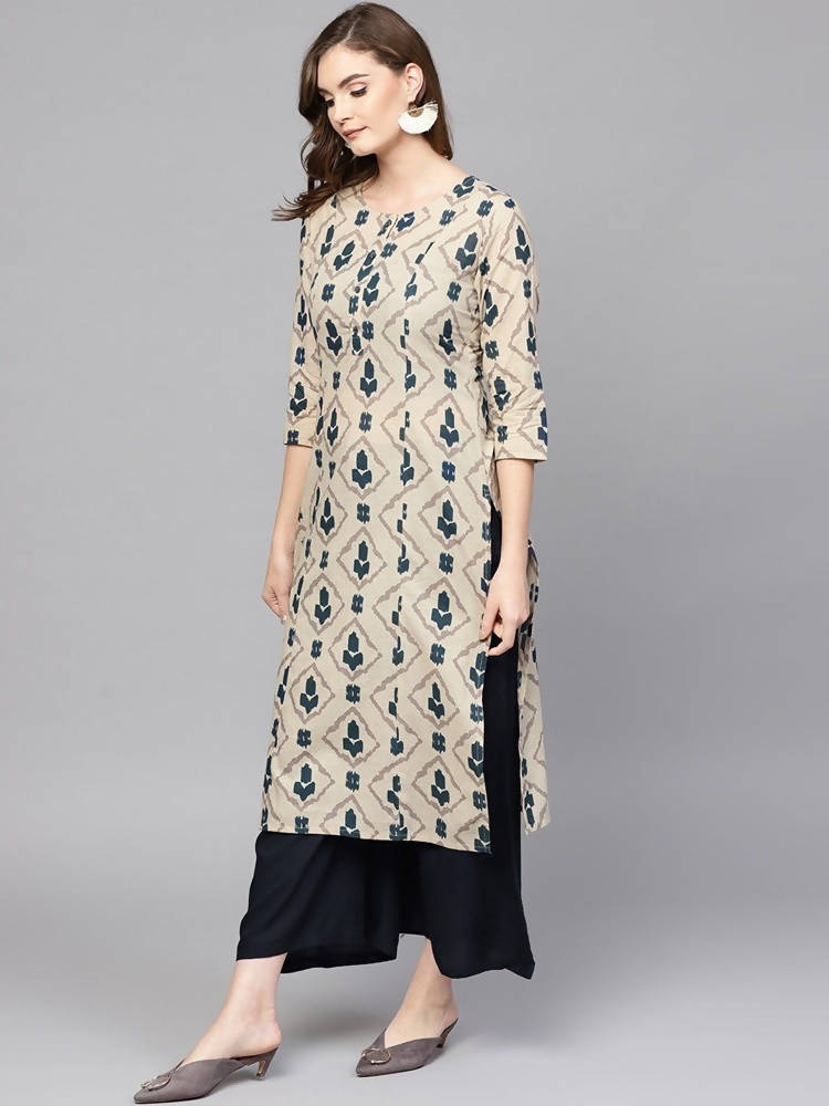 Yufta Women Beige & Blue Printed Kurta with Palazzo