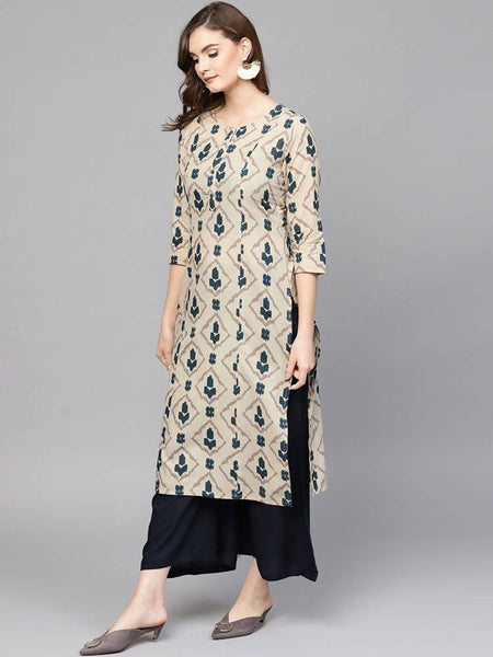 Yufta Women Beige & Blue Printed Kurta with Palazzo