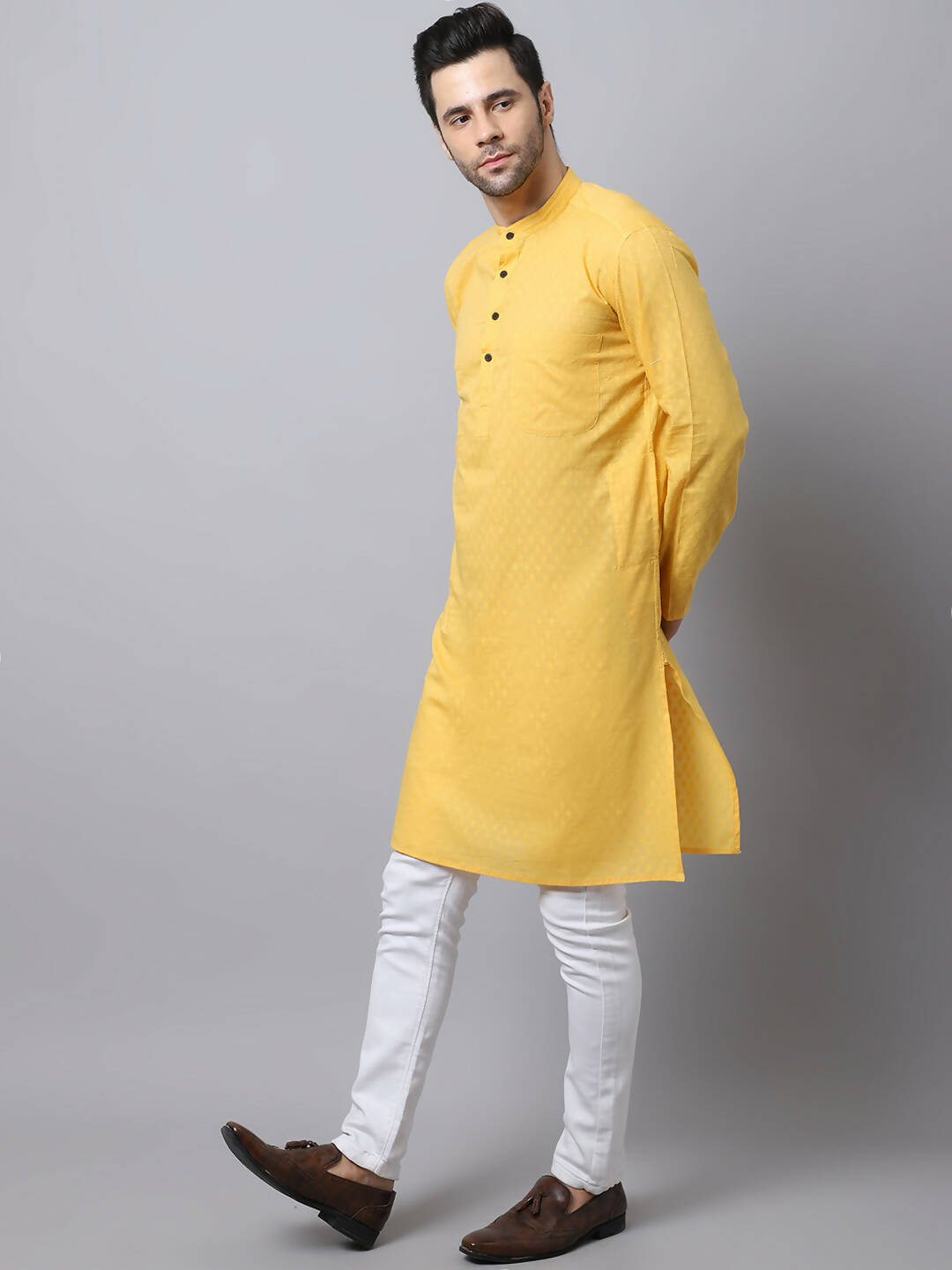 Even Apparels Yellow Pure Cotton Men's Kurta With Band Collar - Distacart