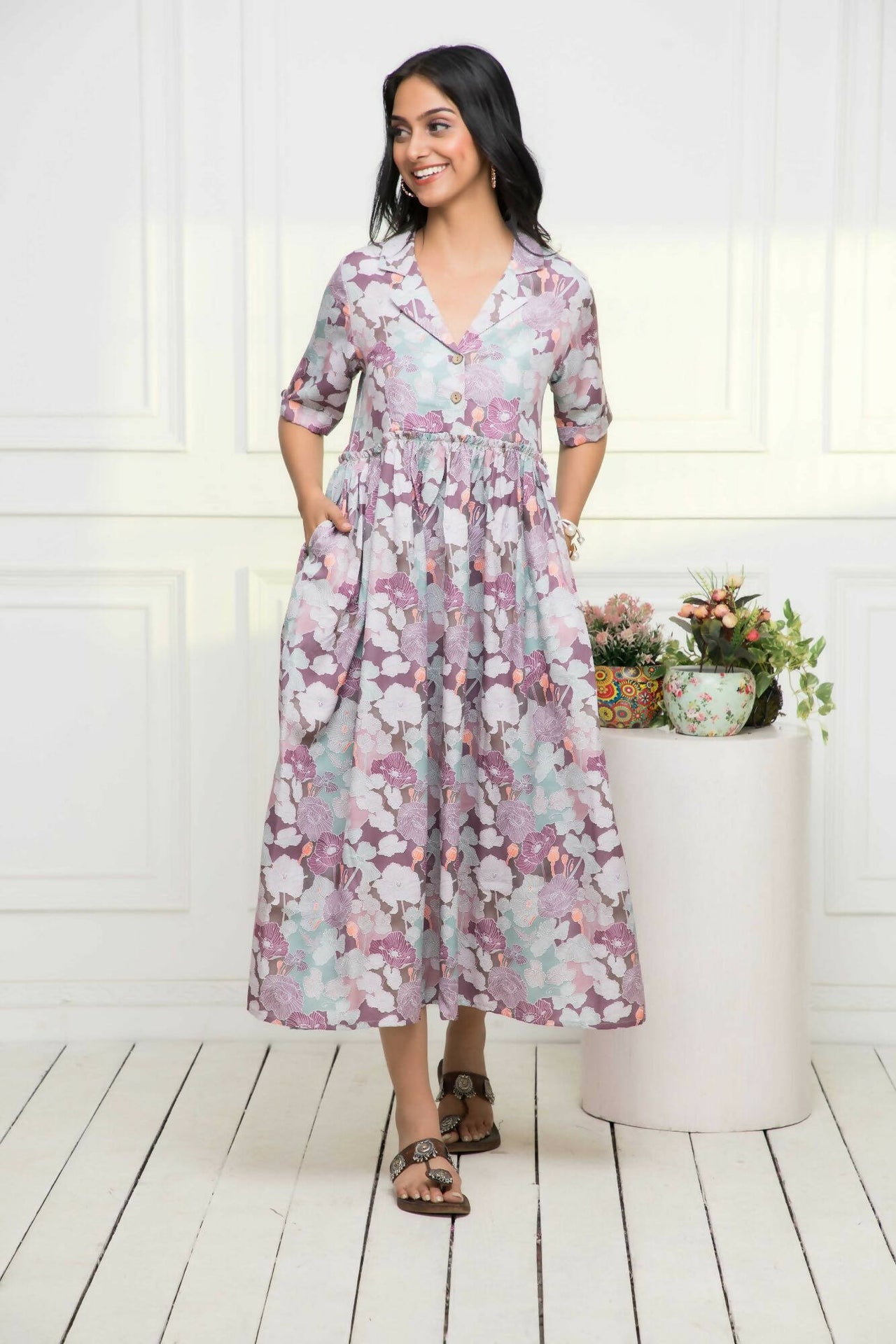 Myshka Women Multi-Floral Rayon A-Line V-Neck Dress - Distacart