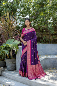 Thumbnail for Vishnu Weaves Women's Wine Banarasi Silk Zari Woven Saree with Blouse - Distacart
