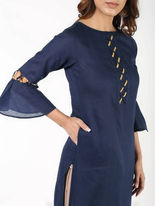 Aniyah Cotton Criss Cross Bell Sleeves Navy Blue Straight Kurta (AN-145K)