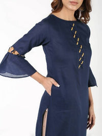 Thumbnail for Aniyah Cotton Criss Cross Bell Sleeves Navy Blue Straight Kurta (AN-145K)