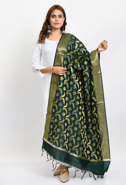 Mominos Fashion Moeza Women's Banarsi Silk Floral Woven Design Bottle Green Dupatta - Distacart
