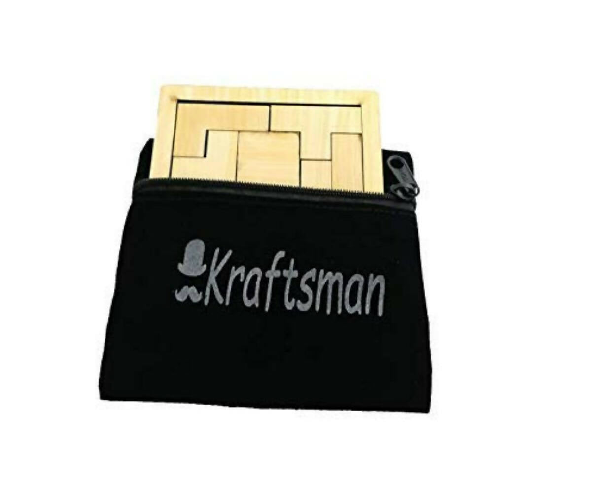 Kraftsman Portable Wooden Tetris Puzzle | 9 Pieces Puzzle 6x6 Board for Kids and Adults | Travel Pouch Included - Distacart