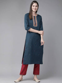 Thumbnail for Yufta Navy Blue and Maroon Embroidered Kurta Palazzo Set