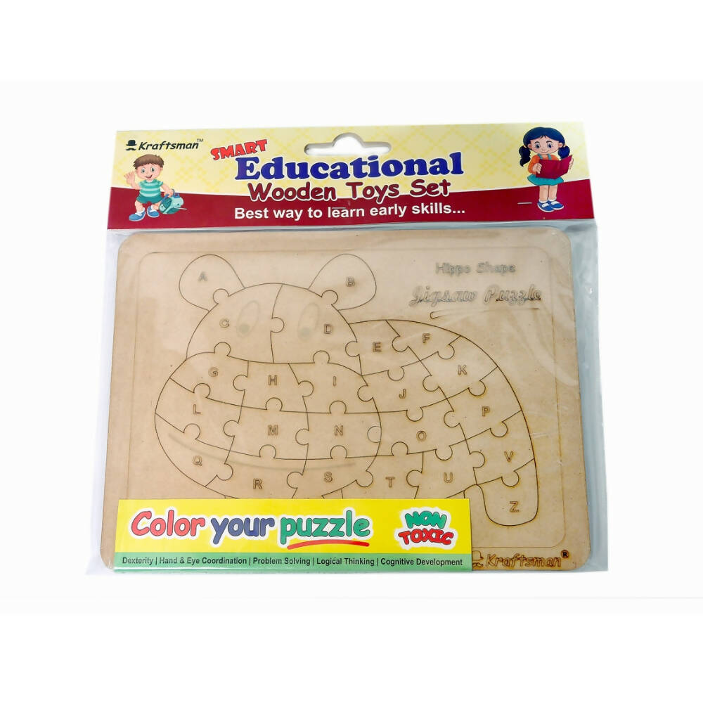 Kraftsman English Alphabets Wooden Jigsaw Puzzles Hippo Shape Puzzle | Color Kit Included - Distacart