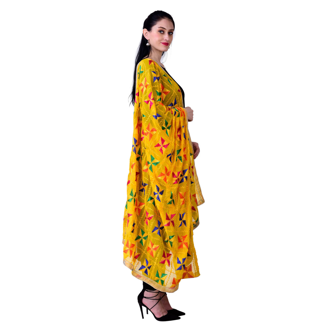 SWI Stylish Women's Embroidered Phulkari Chiffon Yellow Dupatta